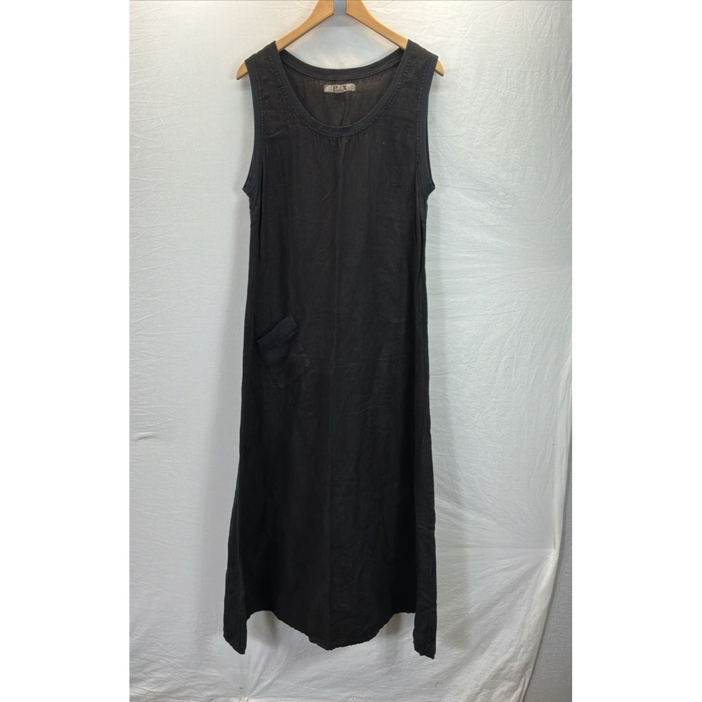 FLAX Dress Womens S Black Maxi Tank Sleeveless Linen Scoop Neck Pocket